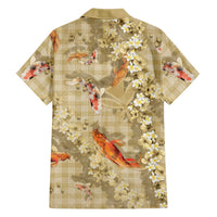 Beige Palaka Hawaiian And Japanese Family Matching Off The Shoulder Long Sleeve Dress and Hawaiian Shirt Sakura Lei With Koi Fish - Polynesian Pride