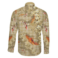 Beige Palaka Hawaiian And Japanese Family Matching Off The Shoulder Long Sleeve Dress and Hawaiian Shirt Sakura Lei With Koi Fish - Polynesian Pride