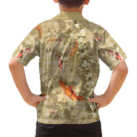 Beige Palaka Hawaiian And Japanese Family Matching Off Shoulder Short Dress and Hawaiian Shirt Sakura Lei With Koi Fish - Polynesian Pride