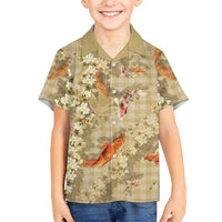 Beige Palaka Hawaiian And Japanese Family Matching Short Sleeve Bodycon Dress and Hawaiian Shirt Sakura Lei With Koi Fish - Polynesian Pride