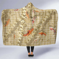 Beige Palaka Hawaiian And Japanese Hooded Blanket Sakura Lei With Koi Fish DT05 One Size Beige - Polynesian Pride