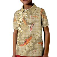 Beige Palaka Hawaiian And Japanese Kid Polo Shirt Sakura Lei With Koi Fish DT05 Kid Beige - Polynesian Pride