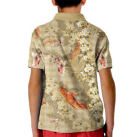 Beige Palaka Hawaiian And Japanese Kid Polo Shirt Sakura Lei With Koi Fish DT05 - Polynesian Pride