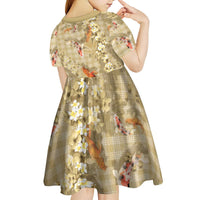 Beige Palaka Hawaiian And Japanese Kid Short Sleeve Dress Sakura Lei With Koi Fish DT05 - Polynesian Pride