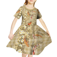 Beige Palaka Hawaiian And Japanese Kid Short Sleeve Dress Sakura Lei With Koi Fish DT05 - Polynesian Pride