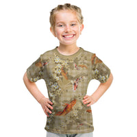 Beige Palaka Hawaiian And Japanese Kid T Shirt Sakura Lei With Koi Fish DT05 Beige - Polynesian Pride