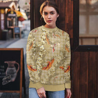 Beige Palaka Hawaiian And Japanese Ugly Christmas Sweater Sakura Lei With Koi Fish - Polynesian Pride