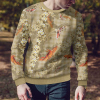 Beige Palaka Hawaiian And Japanese Ugly Christmas Sweater Sakura Lei With Koi Fish - Polynesian Pride