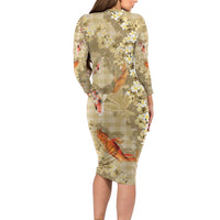 Beige Palaka Hawaiian And Japanese Long Sleeve Bodycon Dress Sakura Lei With Koi Fish - Polynesian Pride