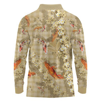 Beige Palaka Hawaiian And Japanese Long Sleeve Polo Shirt Sakura Lei With Koi Fish DT05 - Polynesian Pride