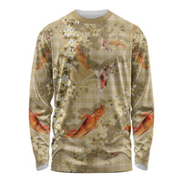 Beige Palaka Hawaiian And Japanese Long Sleeve Shirt Sakura Lei With Koi Fish DT05 Unisex Beige - Polynesian Pride