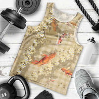 Beige Palaka Hawaiian And Japanese Men Tank Top Sakura Lei With Koi Fish DT05 - Polynesian Pride
