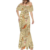 Beige Palaka Hawaiian And Japanese Mermaid Dress Sakura Lei With Koi Fish - Polynesian Pride