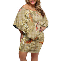Beige Palaka Hawaiian And Japanese Off Shoulder Short Dress Sakura Lei With Koi Fish - Polynesian Pride