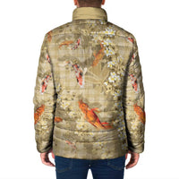 Beige Palaka Hawaiian And Japanese Padded Jacket Sakura Lei With Koi Fish DT05 - Polynesian Pride