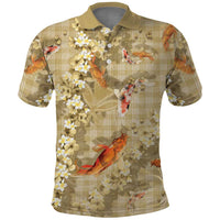 Beige Palaka Hawaiian and Japanese Polo Shirt - Sakura Lei With Koi Fish DT05 Beige - Polynesian Pride