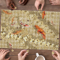 Beige Palaka Hawaiian And Japanese Puzzle Sakura Lei With Koi Fish DT05 - Polynesian Pride