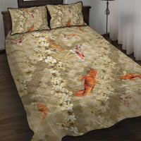 Beige Palaka Hawaiian And Japanese Quilt Bed Set Sakura Lei With Koi Fish - Polynesian Pride