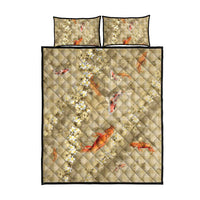 Beige Palaka Hawaiian And Japanese Quilt Bed Set Sakura Lei With Koi Fish - Polynesian Pride