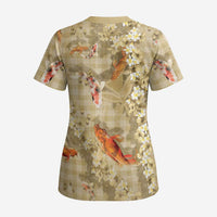 Beige Palaka Hawaiian And Japanese Scrub Top Sakura Lei With Koi Fish DT05 - Polynesian Pride
