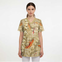 Beige Palaka Hawaiian And Japanese Scrub Top Sakura Lei With Koi Fish DT05 - Polynesian Pride