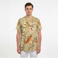 Beige Palaka Hawaiian And Japanese Scrub Top Sakura Lei With Koi Fish DT05 - Polynesian Pride