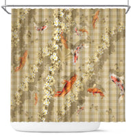 Beige Palaka Hawaiian And Japanese Shower Curtain Sakura Lei With Koi Fish - Polynesian Pride
