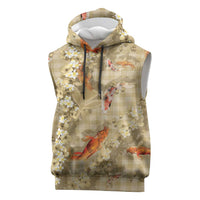 Beige Palaka Hawaiian And Japanese Sleeveless Hoodie Sakura Lei With Koi Fish DT05 Beige - Polynesian Pride