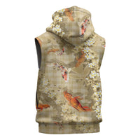 Beige Palaka Hawaiian And Japanese Sleeveless Hoodie Sakura Lei With Koi Fish DT05 - Polynesian Pride