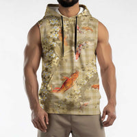 Beige Palaka Hawaiian And Japanese Sleeveless Hoodie Sakura Lei With Koi Fish DT05 - Polynesian Pride