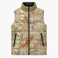 Beige Palaka Hawaiian And Japanese Sleeveless Puffer Jacket Sakura Lei With Koi Fish DT05 Unisex Beige - Polynesian Pride