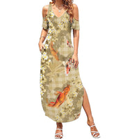 Beige Palaka Hawaiian And Japanese Summer Maxi Dress Sakura Lei With Koi Fish DT05 Women Beige - Polynesian Pride