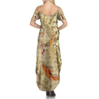 Beige Palaka Hawaiian And Japanese Summer Maxi Dress Sakura Lei With Koi Fish DT05 - Polynesian Pride