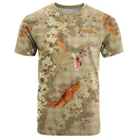 Beige Palaka Hawaiian And Japanese T Shirt Sakura Lei With Koi Fish - Polynesian Pride