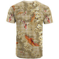 Beige Palaka Hawaiian And Japanese T Shirt Sakura Lei With Koi Fish - Polynesian Pride