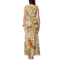 Beige Palaka Hawaiian And Japanese Tank Maxi Dress Sakura Lei With Koi Fish - Polynesian Pride