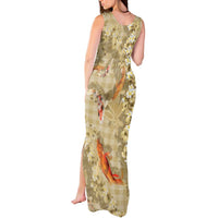 Beige Palaka Hawaiian And Japanese Tank Maxi Dress Sakura Lei With Koi Fish - Polynesian Pride
