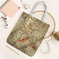Beige Palaka Hawaiian And Japanese Tote Bag Sakura Lei With Koi Fish - Polynesian Pride