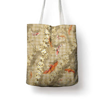 Beige Palaka Hawaiian And Japanese Tote Bag Sakura Lei With Koi Fish - Polynesian Pride