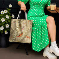 Beige Palaka Hawaiian And Japanese Tote Bag Sakura Lei With Koi Fish - Polynesian Pride
