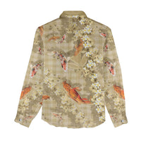 Beige Palaka Hawaiian And Japanese Women Casual Shirt Sakura Lei With Koi Fish - Polynesian Pride