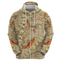 Beige Palaka Hawaiian And Japanese Zip Hoodie Sakura Lei With Koi Fish - Polynesian Pride
