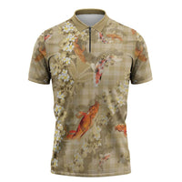 Beige Palaka Hawaiian And Japanese Zipper Polo Shirt Sakura Lei With Koi Fish DT05 Beige - Polynesian Pride