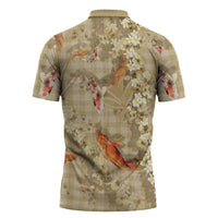 Beige Palaka Hawaiian And Japanese Zipper Polo Shirt Sakura Lei With Koi Fish DT05 - Polynesian Pride