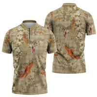 Beige Palaka Hawaiian And Japanese Zipper Polo Shirt Sakura Lei With Koi Fish DT05 - Polynesian Pride