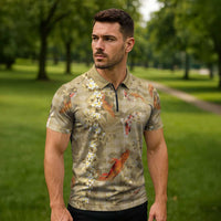 Beige Palaka Hawaiian And Japanese Zipper Polo Shirt Sakura Lei With Koi Fish DT05 - Polynesian Pride