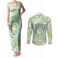 Hawaii Pineapple Couples Matching Tank Maxi Dress and Long Sleeve Button Shirt Cute Cosplay Turtle Plumeria Spiral DT05 Mint - Polynesian Pride