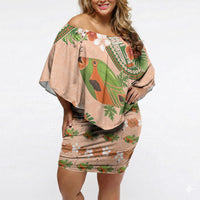 Hawaii Papaya Off Shoulder Short Dress Cute Cosplay Humuhumu Fish Plumeria Waves DT05 Women Orange - Polynesian Pride