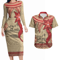 Tonga Language Week Couples Matching Long Sleeve Bodycon Dress and Hawaiian Shirt Tribal Cross Ngatu Floral Pattern DT05 Red - Polynesian Pride