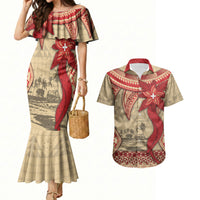 Tonga Language Week Couples Matching Mermaid Dress and Hawaiian Shirt Tribal Cross Ngatu Floral Pattern DT05 Red - Polynesian Pride